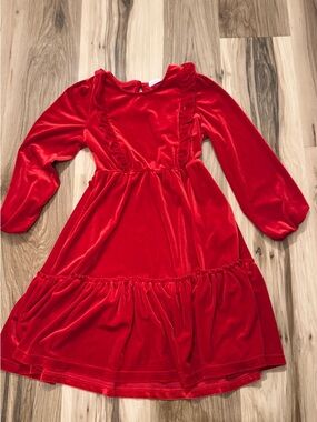 Girls bright Red Velvet ruffle Long-Sleeve Dress size 8 Like new
